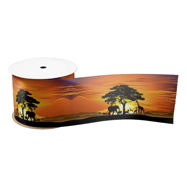 Wild Animals on African Savanna Sunset Satin Ribbon (Spool)