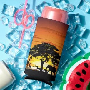 Wild Animals on African Savanna Sunset Seltzer Can Cooler