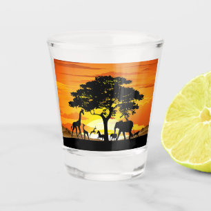 Wild Animals on African Savanna Sunset Shot Glass
