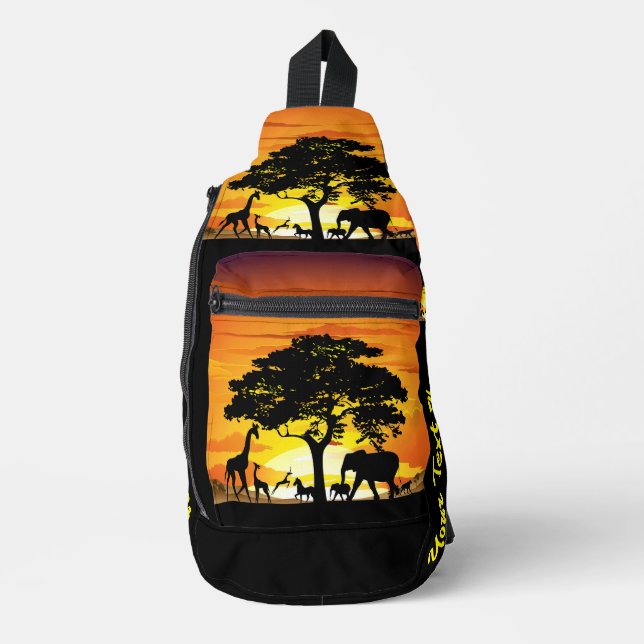 Wild Animals on African Savanna Sunset Sling Bag (Front)