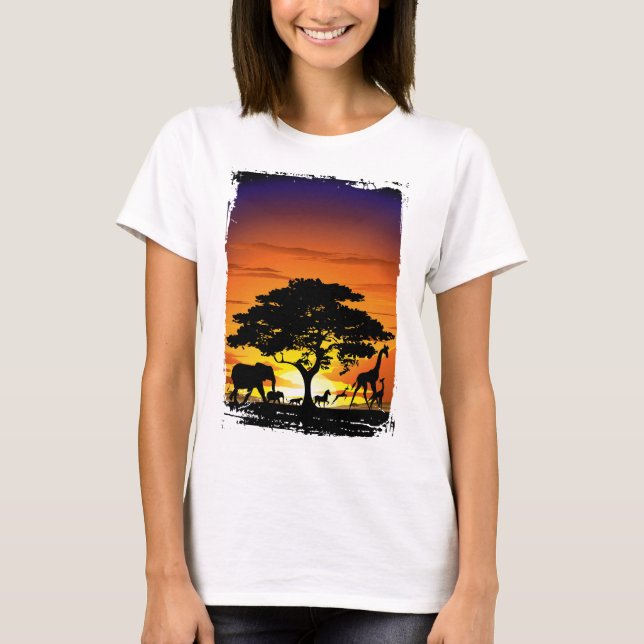 Wild Animals on African Savanna Sunset T-Shirt (Front)