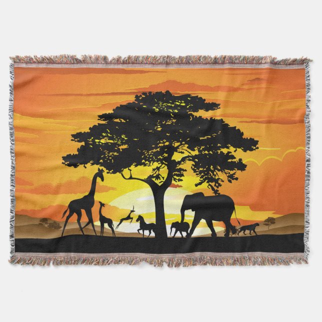Wild Animals on African Savanna Sunset Throw Blanket (Front)