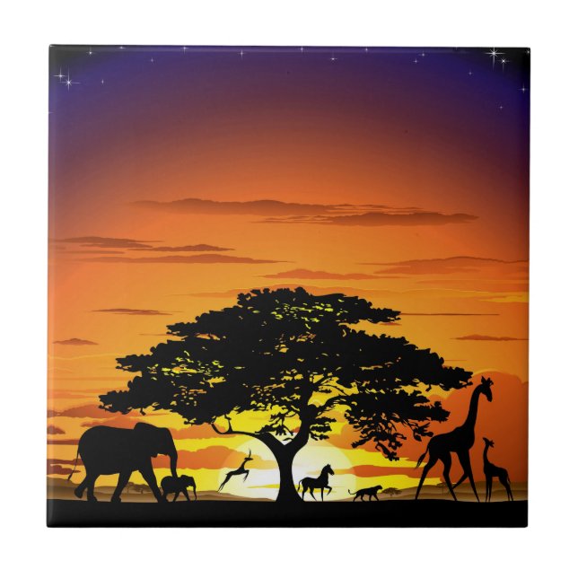 Wild Animals on African Savanna Sunset Tile (Front)