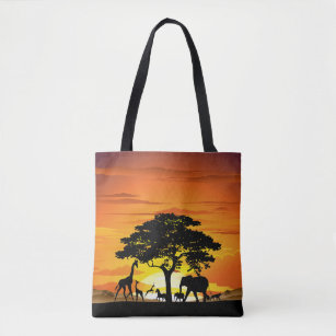 Wild Animals on African Savanna Sunset Tote Bag