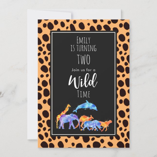 Wild Animals on Exotic Cheetah Print Birthday Invitation (Front)