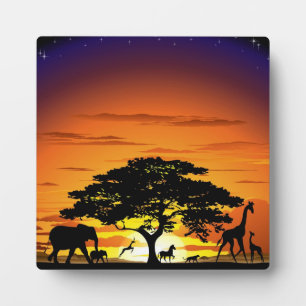 Wild Animals on Savannah Sunset Plaque