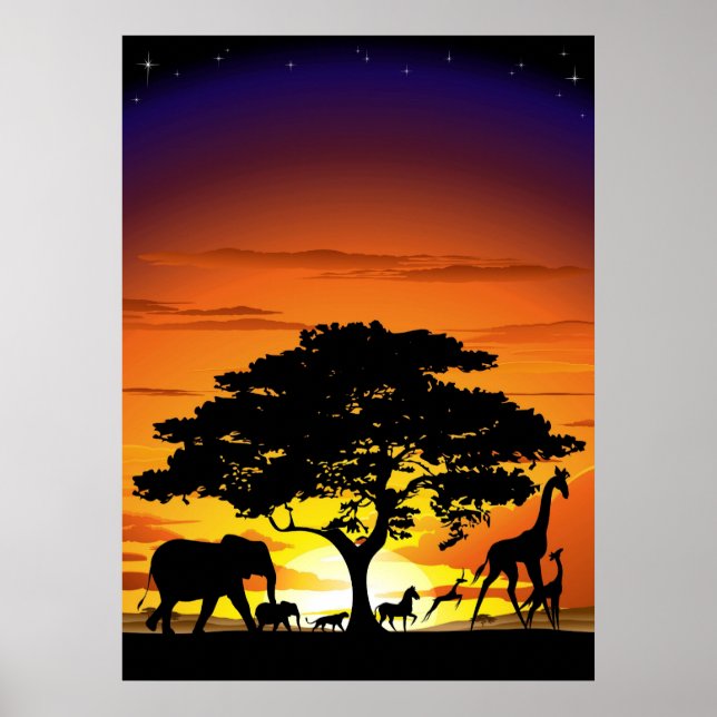 Wild Animals on Savannah Sunset Poster (Front)