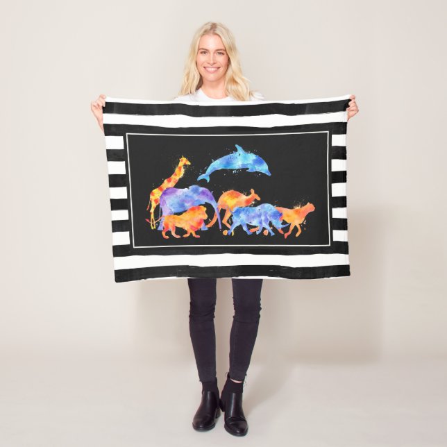 Wild Animals Running Together Colourful Watercolor Fleece Blanket (In Situ)