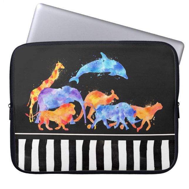 Wild Animals Running Together Colourful Watercolor Laptop Sleeve (Front)