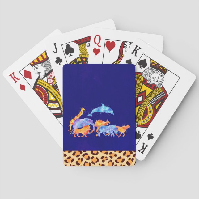 Wild Animals Running Together Colourful Watercolor Playing Cards (Back)