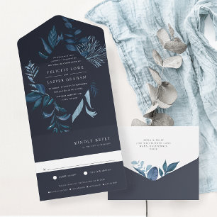 Wild Azure Blue Botanical Frame Wedding All In One Invitation