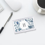 Wild Azure | Monogram Business Card Holder<br><div class="desc">Elegant botanical business card holder features your single initial monogram framed by a border of lush watercolor leaves in shades of blue,  on a crisp white background. Matching business cards and accessories also available in our Wild Azure collection.</div>