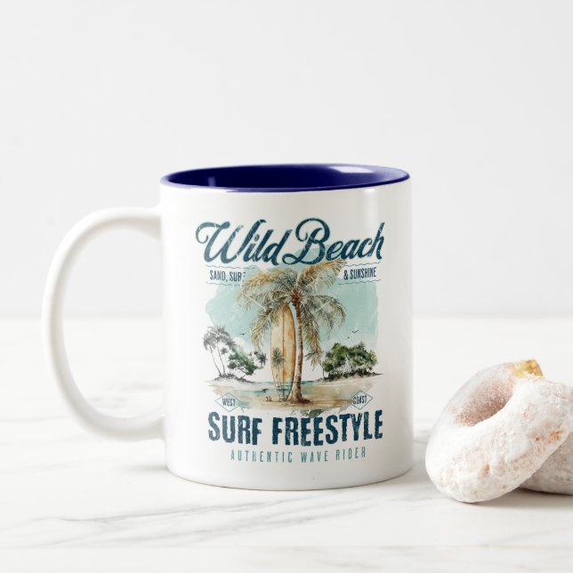Wild Beach – Surf Freestyle Retro Beach Two-Tone Coffee Mug (With Donut)