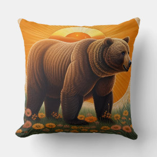 🐻 Wild Bear Majesty – Golden Field Nature Scene Cushion