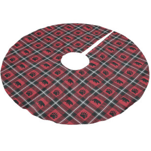 Wild Bear Paws Black Red & White Flannel Plaid Brushed Polyester Tree Skirt