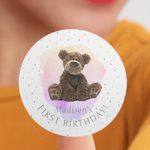 Wild Bear Pink First Birthday Cute Modern Classic Round Sticker