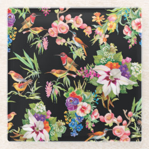 Wild Birds Flowers: Black Vintage Glass Coaster