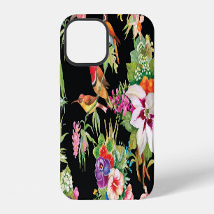 Wild Birds Flowers: Black Vintage iPhone 12 Case