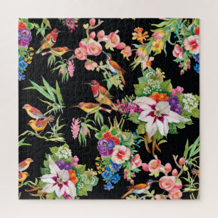 Wild Birds Flowers: Black Vintage Jigsaw Puzzle