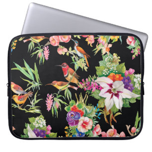 Wild Birds Flowers: Black Vintage Laptop Sleeve
