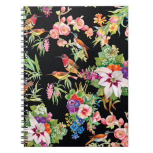 Wild Birds Flowers: Black Vintage Notebook