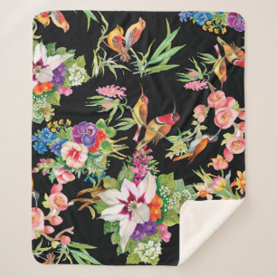 Wild Birds Flowers: Black Vintage Sherpa Blanket