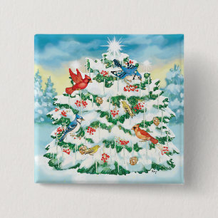 Wild Birds in Nature with Starlit Christmas Tree 15 Cm Square Badge