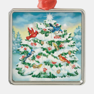 Wild Birds in Nature with Starlit Christmas Tree Metal Tree Decoration