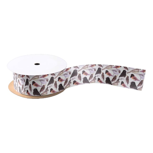 Wild birds in watercolor medium satin ribbon (Spool)