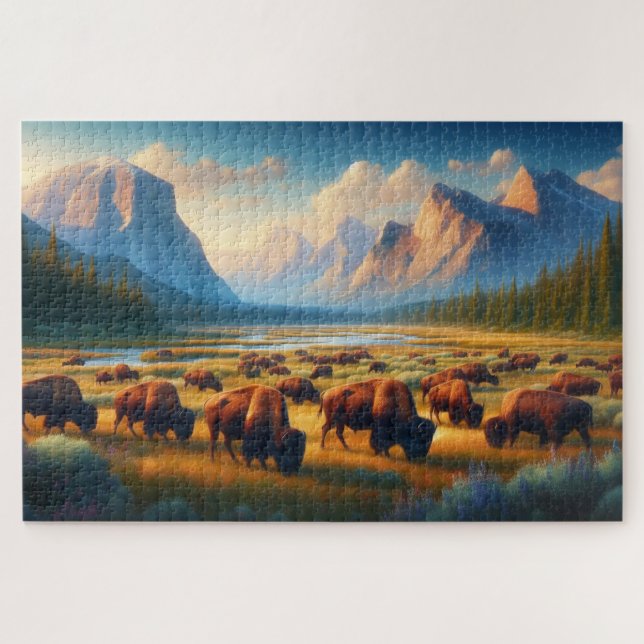 Wild Bison Valley, Mountains Jigsaw Puzzle (Horizontal)