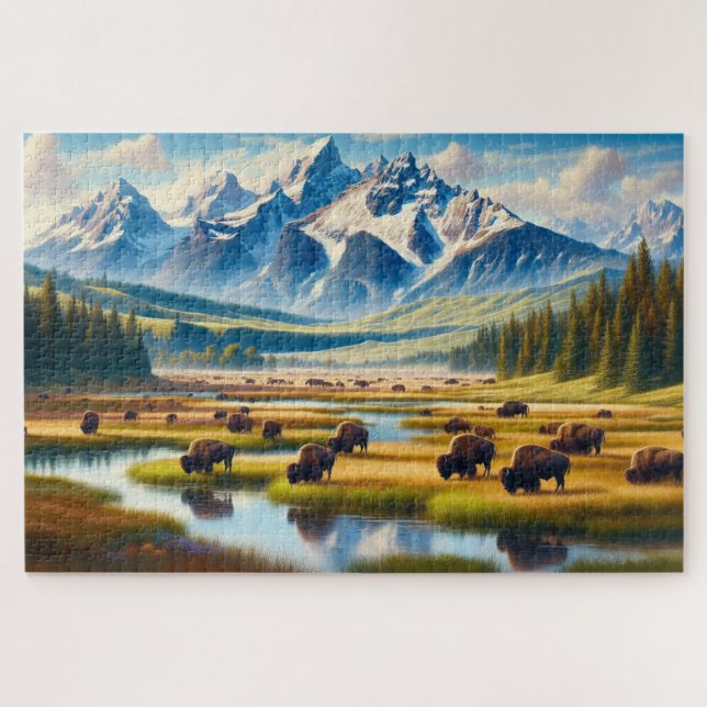 Wild Bison Valley, Mountains Jigsaw Puzzle (Horizontal)
