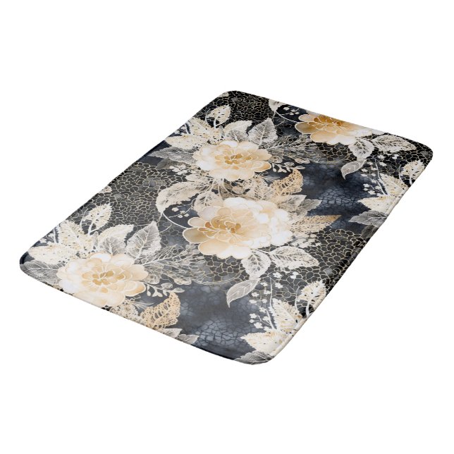 Wild Black Cream Leopard Animal Floral Bath Mat (Angled)