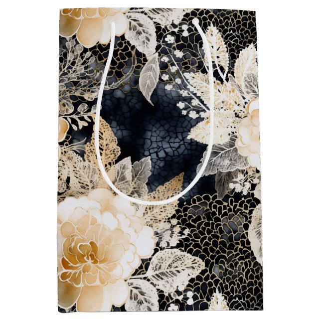 Wild Black Cream Leopard Animal Floral Medium Gift Bag (Front)