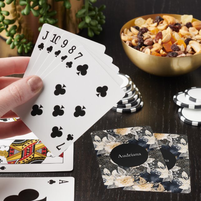 Wild Black Cream Leopard Animal Floral Playing Cards (In Situ)