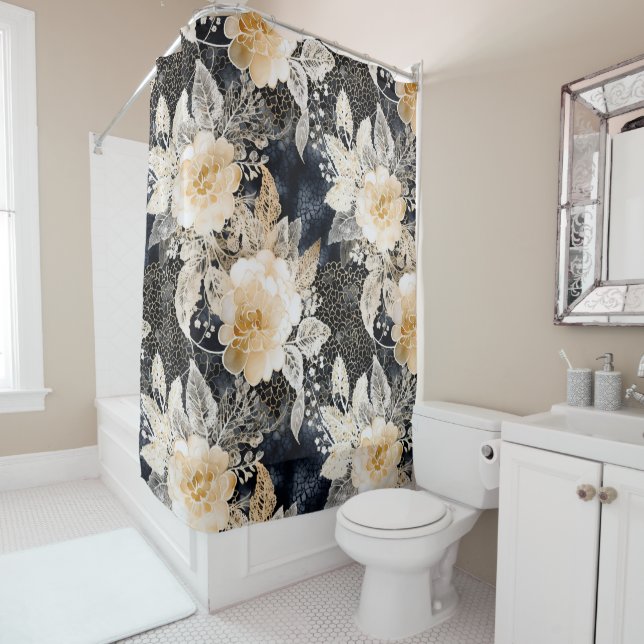 Wild Black Cream Leopard Animal Floral Shower Curtain (In Situ)