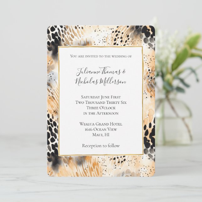 Wild Black Cream Leopard Animal Wedding Invitation (Standing Front)