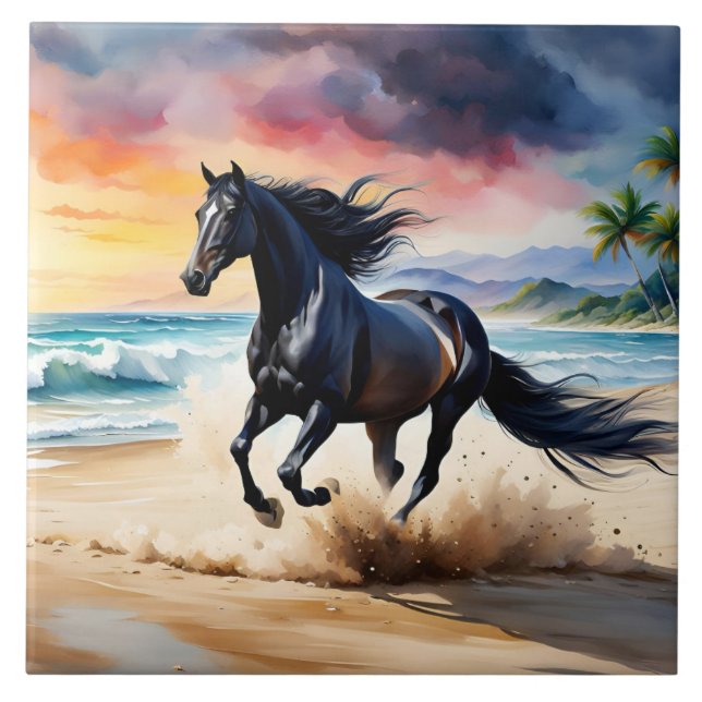 Wild black stallion galloping tile (Front)
