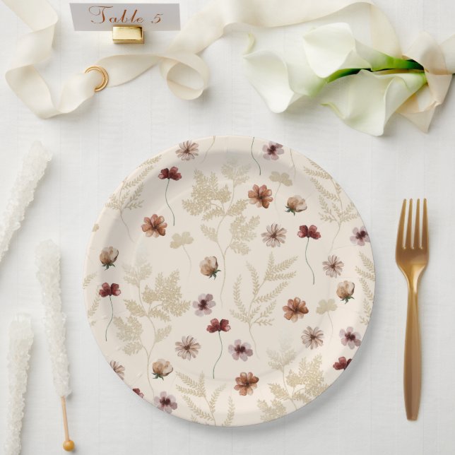 Wild Bloom boho Floral Watercolor  Paper Plate (Wedding)