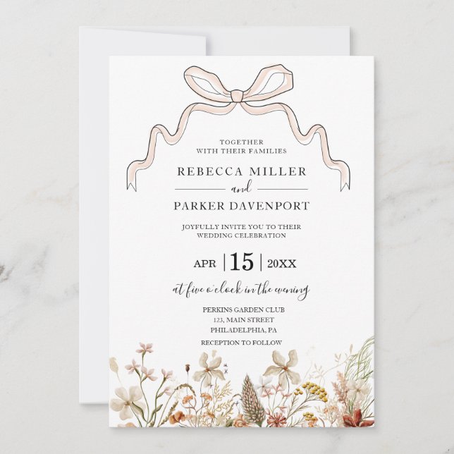 Wild bloom bow modern Wedding invitation (Front)