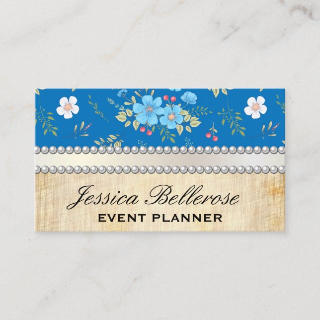 Wild Blue White Flowers | Vintage Pearls Ribbon Business Card (Front)
