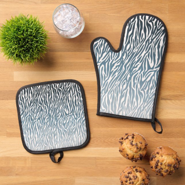 Wild Blue Zebra Print Ombre Oven Mitt & Pot Holder Set (Top Down)
