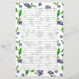 Wild Blueberries Watercolor Fruit Grey Lined Stationery