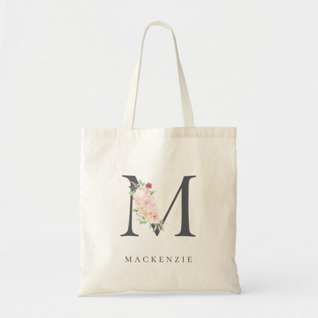 Wild Blush Botanical Floral Letter M Monogram Tote Bag (Front)