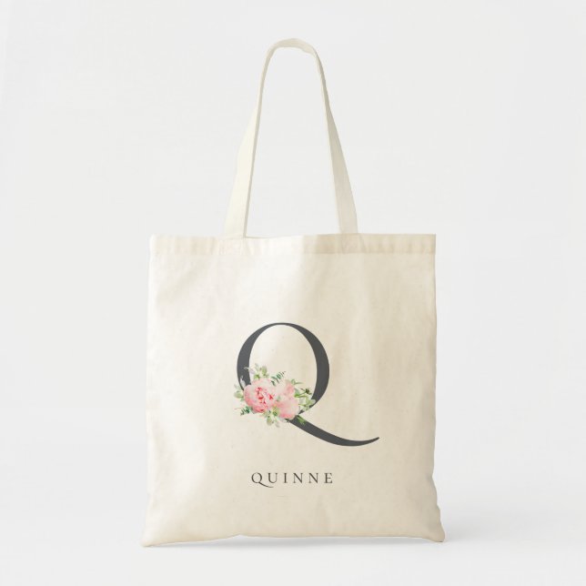 Wild Blush Botanical Floral Letter Q Monogram Tote Bag (Front)