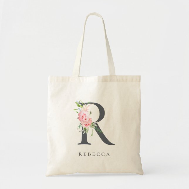 Wild Blush Botanical Floral Letter R Monogram Tote Bag (Front)