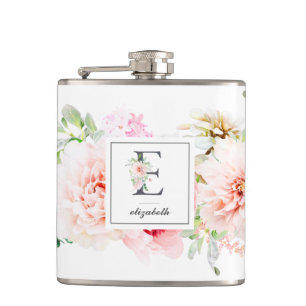 Wild Blush Botanical Letter E Monogram Hip Flask