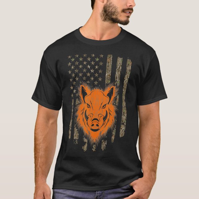 Wild Boar Hunting Hog Hunter American Flag T-Shirt (Front)