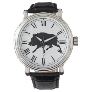 Wild Boar in Black Silhouette Hunting Man's Watch