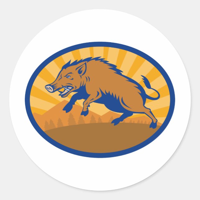 Wild Boar Pig Razorback Hog attacking Classic Round Sticker (Front)