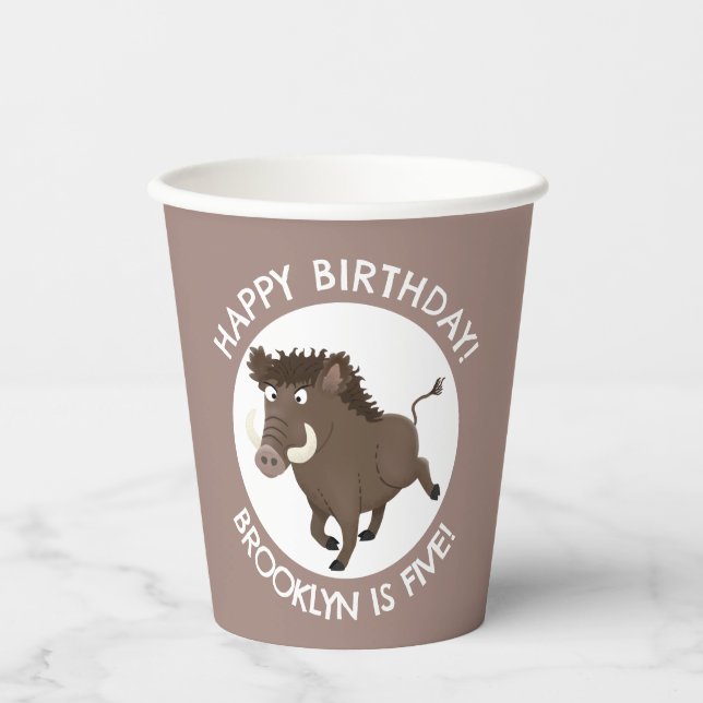 Wild boar razorback personalised cartoon birthday paper cups (Front)